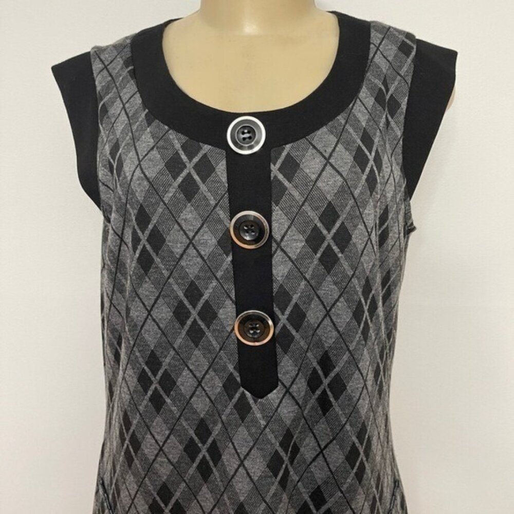 Nine West Sleeveless Gray Plaid Dress Black Short Sheath Big Buttons Pockets 12 - Picture 4 of 10